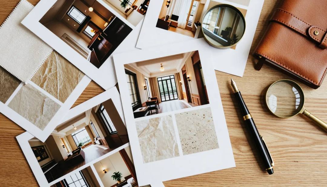 A curator's desk with hotel photographs, stone swatches and a travel notebook