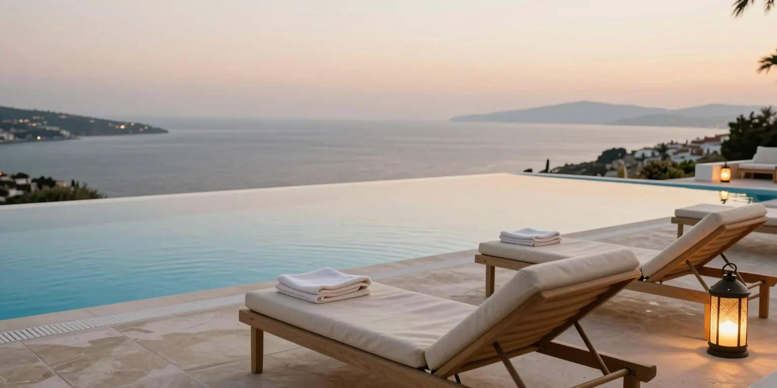 An infinity pool at blue hour above a calm bay